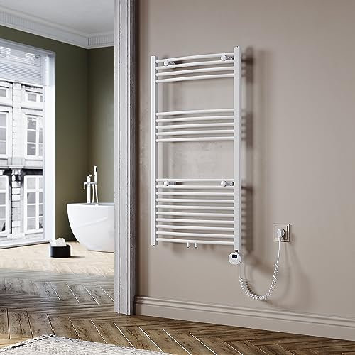 SUNXURY Scaldasalviette elettrico bianco, 1150 x 600 mm, curvo, scaldasalviette elettrico, con mini termostato selezionabile, portasciugamani ad acqua, attacco centrale, 600 Watt