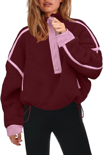 Panadila Womens Half Zip Sherpa Fleece Pullover Soft Oversized Sweatshirt with Pockets Warm Fuzzy Sweater, Burgundy, Medium