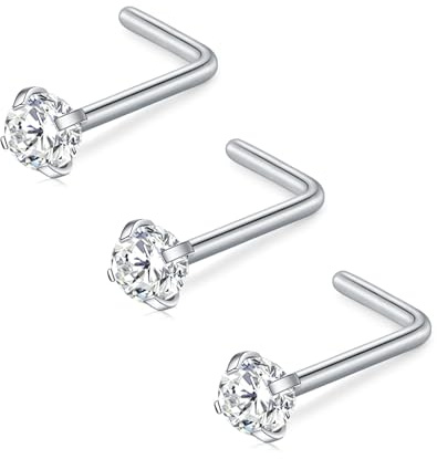 FECTAS 18G 20G Piercing Näsa Ring Rostfritt Stål Kvinnor Män Nose Stud Ring L Form Piercing Näsa 1,5 mm 2 mm 2,5 mm 3 mm Diamond CZ Nostril Piercing Silver Guld Svart, 18G, Rostfritt stål