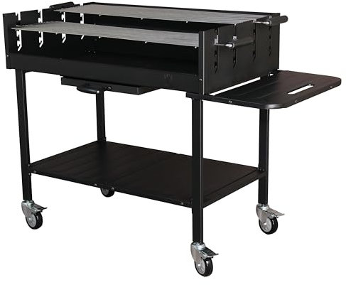 METRO Professional Barbacoa de Carbón con Ruedas, Acero/Acero inoxidable, Rejillas Ajustables, Mesa lateral, Funda Protectora, Negro