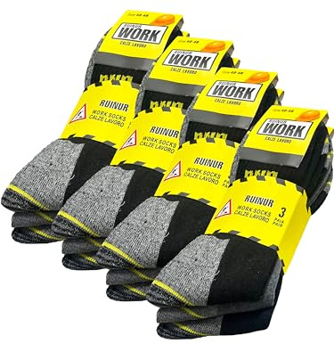 ZSUN Calcetines de trabajo para calzado de seguridad para hombre, talón y puntera reforzados con textura reforzada, talla 40-46, art. 4046, 12 pares-NEGRO, 40-46