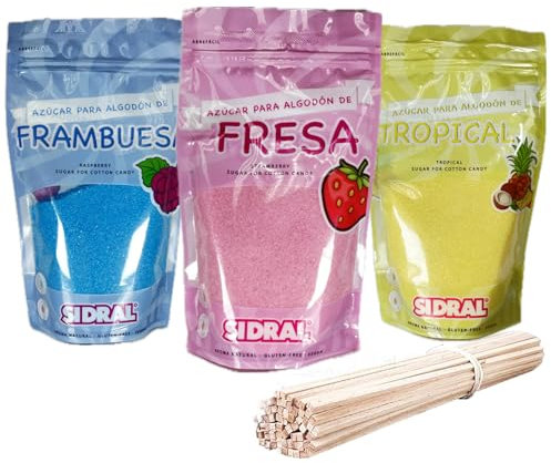 SIDRAL Azucar para Máquina Algodón (3 x 250 gr) con 50 Palitos Reciclables para Degustación - Lote de 3 Sabores (Fresa, Frambuesa y Tropical), Azúcar para Algodón de Azúcar - Ideal para Fiestas