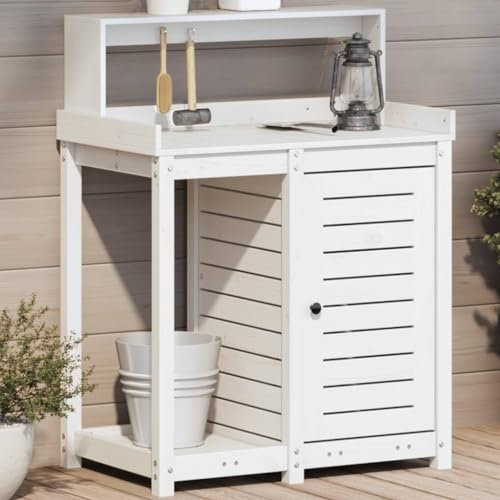 LAPOOH Planteringsbord med hyllor trä vit furu 82,5 x 50 x 109,5 cm, växthus grönsaksträdgård, trädgårdsarbetsbänk, arbetsbänk för blomkrukor, trädgårdsbord - 832423