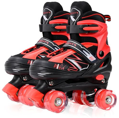 LOKJIJI Rollschuhe für Kinder Jungen Mädchen Anfänger, Einstellbar 4 Größen für Kinder und Jugendliche Teenager, Quad Schwarz & Rot Rollschuhe für Sport (Large_36-40 EU)