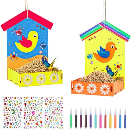 Vogelhaus Bausatz Kinder, 2 Stück Vogelfütterer Kunst Handwerk für Draußen, Outdoor Vogelhaus Zum Bemalen, Vogelhaus Spielzeug Geschenk für Jungen Mädchen 3 4 5 6 7 8 9 Jahre