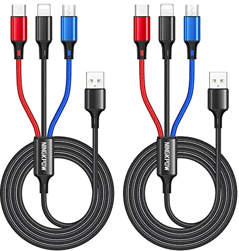 Multi USB-kabel [2stycken 2M], 3-i-1 universell laddningskabel nylon snabb | multi-laddningskabel USB flera laddningskabel med mikro-USB typ C för Samsung Galaxy S23 S22, Huawei P50 P40