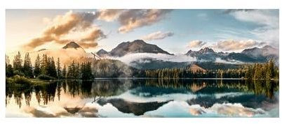STYLER Glasbild Lake in Tatras 50 x 125 cm I Naturmotiv Bergsee Spiegelung Wald Panorama I Modernes Wandbild auf Glas I Hochglanz Wanddeko Wohnzimmer Schlafzimmer