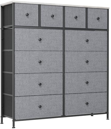 Clevich Stoff-Kommode, Schminktisch Schrank, Aufbewahrungsschrank, 12 Schubladen aus Stoff, Metallrahmen, industrieller Stil, für Wohnzimmer, Flur, Schlafzimmer (Dunkelgrau)