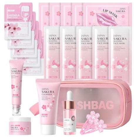 Sakura Skin Care Sets & Kits with Wash Bag,Skin Care For Teenage Girls Gifts,Facial Kits for Women,Face Mask Gift Set,Cleansing Japanese Skincare Set ,Pamper Sets (One Size, Sakura-Cleaning Kit)