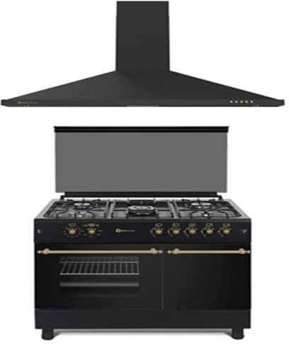 PACK COCINA A GAS F9LT50G2 PORTABOMBONA NEGRA RÚSTICA + CAMPANA DECORATIVA NEGRA RÚSTICA/ANCHO 90 CM/FUEGOS CON ENCENDIDO AUTOMATICO/HORNO 64 L.