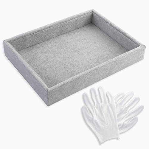 Portagioie in morbido velluto, resistente ai graffi, per orologi, collane, orecchini, bracciali, gemelli, 21 x 15 x 3 cm (grigio)