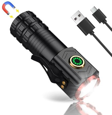 Cuteefun Petite Lampe Torche Rechargeable, Lampe Torche LED Ultra Puissante, 2000 Lumens, Mini Lampe de Poche Aimantée avec Clip, Étanche, 5 Mode, D'éclairage pour Camping Urgence Randonnée, Noir