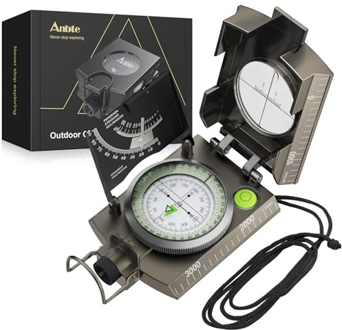 Anbte Bussola Militare,Navigazione Professionale Impermeabilee Luminosa con Clinometro e Livella a Bolla-Portatile Bussola in Metallo per Campeggio/Geologia/Escursionismo con Custodia (Verde Antico)