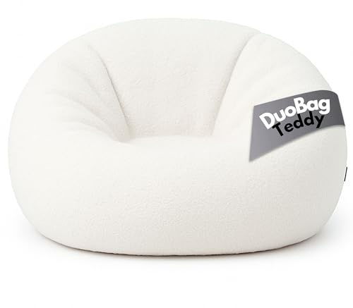PATCH HOME Comfortline 2-i-1 teddy sittsäck fåtölj, saccosäck – gaming saccosäckar för vuxna och barn med dragkedja – redan fylld – perfekt för att sitta och ligga (vit, Ø 155 cm)
