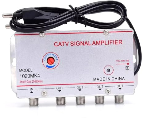 Uxsjakjsd Amplificatore A Splitter per TV 20dB, Potenziatore del Segnale 'Antenna TV Digitale, Attrezzature TV Domestiche 45 MHz A 860 MHz 1 in 4 out, Spina EU