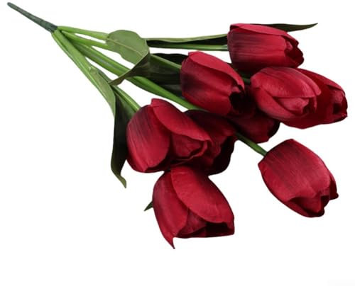 CYRENT Bouquet de tulipes artificielles 9 têtes de fleurs artificielles à tige longue en plastique pour mariage, décoration d'intérieur, centres de table de mariée (rouge)