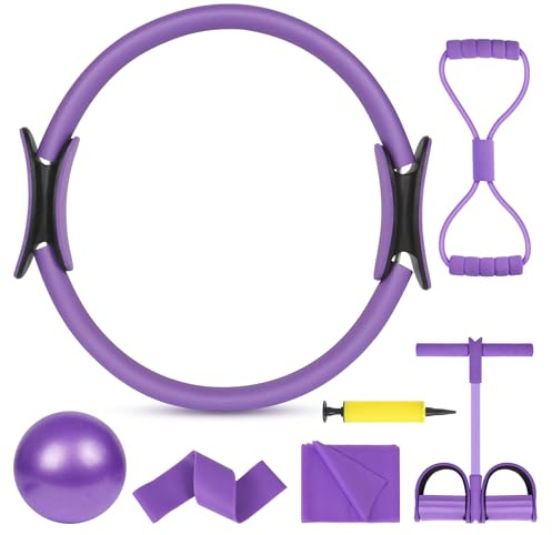 AOOSA Pilates Ring Set, 15''/38cm Magic Circle mit Doppelgriffen, 6 teiliges Pilates Essential Kit inklusive Latex-Widerstandsband, Yoga-Ball, elastischer Widerstandskreis, Pedalzieher, Achterzieher