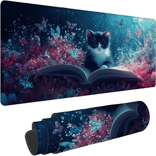 Mouse Mat 1400 x 700 x 3mm Large Mouse Mat Non Slip Rubber Base, Soft Textured Surface with Stitched Edges, Waterproof Desk Mat for PC, Laptop, Laser Mice for Office, Animal Cat Printing xn-158