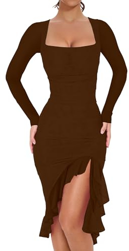 BORIFLORS Women's Sexy Ruched Bodycon Midi Dresses Elegant Mesh Long Sleeve Square Neck Ruffle Hem Cocktail Party Dress, X-Large, Coffee