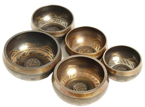 Ljudskålar set med 5 koppar Silent Mind klangskålar handhamrade för meditation yoga buddhism 8–11 cm