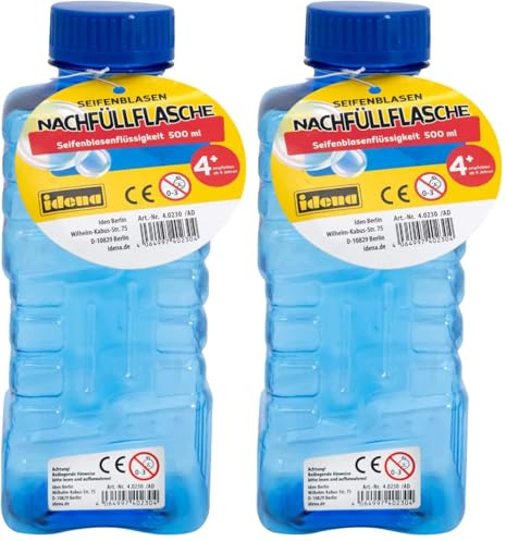 Idena 40230 - Bouteille de Recharge pour Bulles de Savon, 500 ML de Liquide pour Bulles de Savon, pour Enfants à partir de 4 Ans, Green, Pink, Blue (Lot de 2)