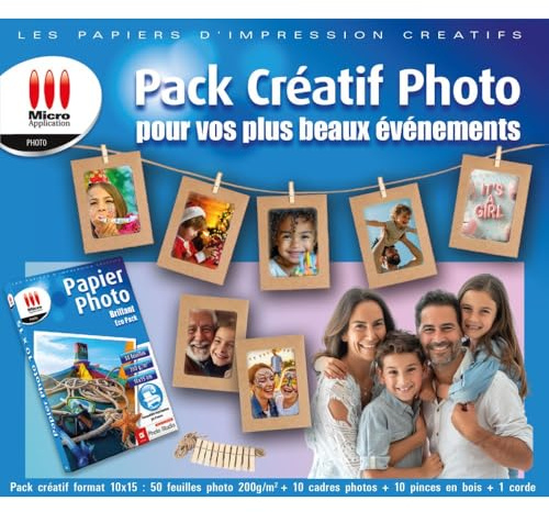 Micro Application - Papier Créatif Photo - Format 10x15 - Grammage 200 g/m² - 50 feuilles - Pack avec 10 Cadres Photo Kraft - Pinces et Cordes Intégrées