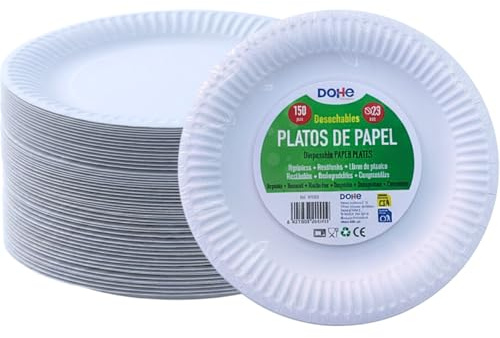 Dohe Horeca - Platos Desechables Blancos (150 uds.) - Tamaño 23 cm, Formato Redondo, Platos de Papel Planos Reciclables, Ecológicos para Fiestas, Cumpleaños, Celebraciones