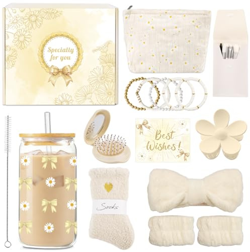 ZJKUBOIS Regalos Niña Adolescentes 9 10 11 12 13 14 15 Años, Regalo de Cumpleaños y Navidad para Mejor Amiga, Hermana, Vaso con Pajita, Pincel de Maquillaje, Bolsa de Cosméticos, Calcetines (Amarilla)