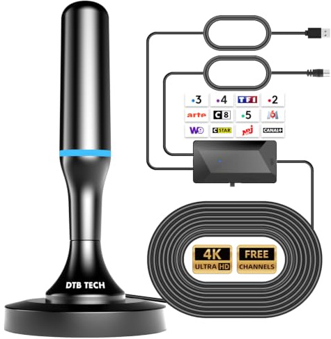 Antenne TV Intérieur, 2026 Antenne TV Intérieur Puissante avec Amplificateur de Signal Intelligent, Antenne Interieur TNT Puissante Réception 360° Portée 600km, 4K HD/1080P Les Chaînes Gratuites, Bleu