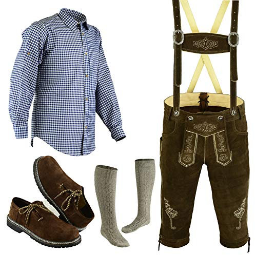 Speed4allkinds Herren Trachten Lederhose Größe 46-62 Trachten Set 5 Teilig Bayerische Trachtenlederhose,Hemd,Schuhe,Socken (Schuhe 44, Hose 52)