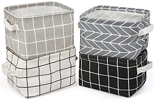 JoyPlus Cestini Portaoggetti, 4 PCS Mini Cestelli di Immagazzinaggio, Scatole Portaoggetti Pieghevoli, Cestino Bagno Portaoggetti con 2 Maniglie, Cesto Portaoggetti per Libri, Scaffali e Scrivanie