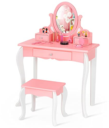 COSTWAY Sminkbord för barn med pall, prinsessa toalettbord med 3 lådor och 360° vridbar spegel, toalettbord, sminkbord för flickor (rosa)