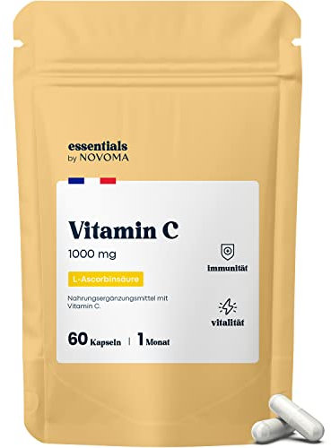 Vitamine C 1000mg, Réduit la Fatigue et Soutient le Système Immunitaire, Cure de 1 mois, 60 Gélules Végétales, 100% Acide Ascorbique Pur, Fabriqué en France, Essentials by Novoma