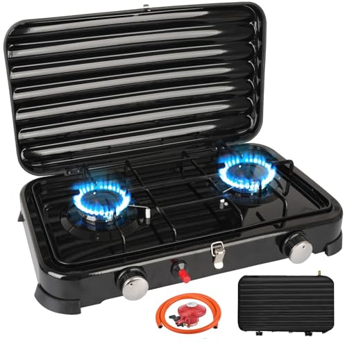 Fornello da Campeggio Con 2 Fuochi, Portatile 2,2KW Con Accensione Piezoelettrica, Tubo da 150 cm e Regolatore 37 mbar, Cucina a Gas Con Coperchio Staccabile