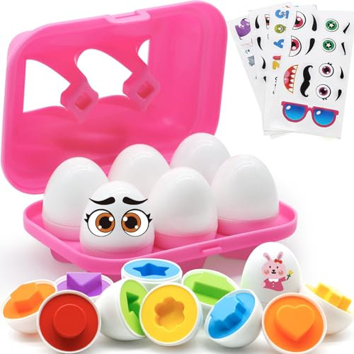 MOONTOY Matching Eggs for Toddlers, 6 PCS Color & Shape Sorter Educational Learning Eggs Toys with Pink Eggs Holder, Fine Motor Skills Montessori Toy for Girls Toddler Easter Birthday Gift Present