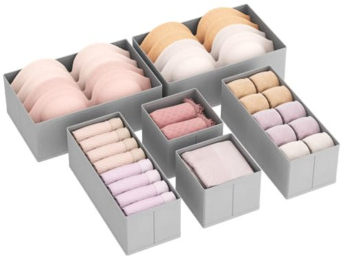 Lifewit 6 Pezzi Organizer Cassetti, Divisori per Cassetti in Tessuto, Organizer Armadio, Scatole Portaoggetti Pieghevole per Abiti, Separatori per Cassetti per Calzini, Cravatte, Cinture,Grigio Chiaro