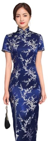 KATIAK Qipao kinesisk Cheongsam kortärmad prunblomma aftonklänning, traditionell koreansk krage vintage sexig bodycon-klänning med slitsad smal passform Hanfu klänning, marinblå, 3XL