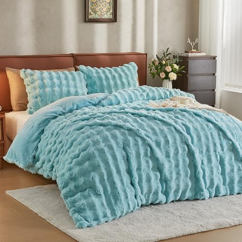 JELLYMONI Plush Duvet Cover Set - King Size Baby Blue Faux Fur Comforter Cover 3pcs Bedding Set Luxury Ultra Soft Striped Fluffy Duvet Cover with Zipper and 2 Pillowcases (NO Comforter)