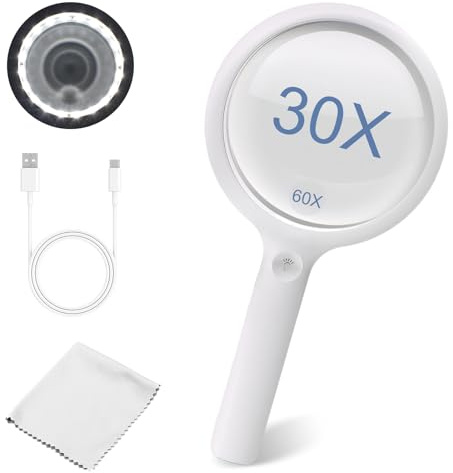 Lupe mit Licht, Leselupe mit Licht für Senioren Groß, 30 Fach 60 Fach Beleuchtete Lupe mit 20 LEDs, 3 Lichtmodi USB Wiederaufladbar, HandLupe für Senioren, Kinder, Juwelier, Hobbies