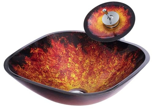 AIBOTY Square Bowl Sink for Bathrooms Tempered Glass Bathroom Vessel Sink and Waterfall Faucet Combo Above Counter Artistic Wash Basin with Pop Up Drain Set,Brown