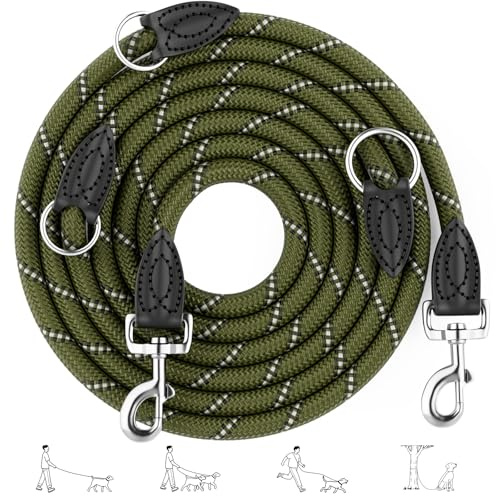 Aystkniet Guinzaglio regolabile 3M per cani di taglia grande e medio, robusto nylon riflettente, con 2 moschettoni, guinzaglio versatile e guinzaglio a tracolla con forza di trazione di 250 kg, verde