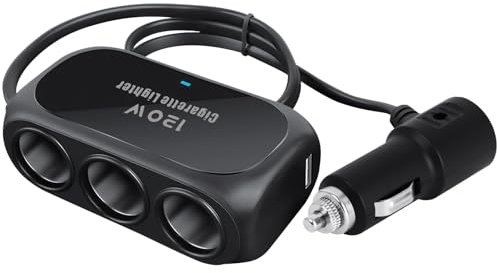 5 in 1 Car Cigarette Lighter Splitter 3 Sockets, 120W Dual USB Ports Fast Charging Car Charger Adapter 12V/24V Power Outlet Splitter for Vehicle Devices Camera Dash Cam GPS Phones Tablet Black