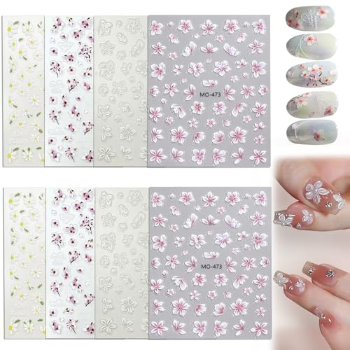 FOSDICK 8 Feuilles 3D Stickers Ongles Fleurs, Bas-Relief Fleurs Nail Stickers, Beau Frais Sticker Ongle, Sticker Ongles Nail Art Autocollant, Decoration Ongle pour Femme Fille(Cerisiers,Marguerites)