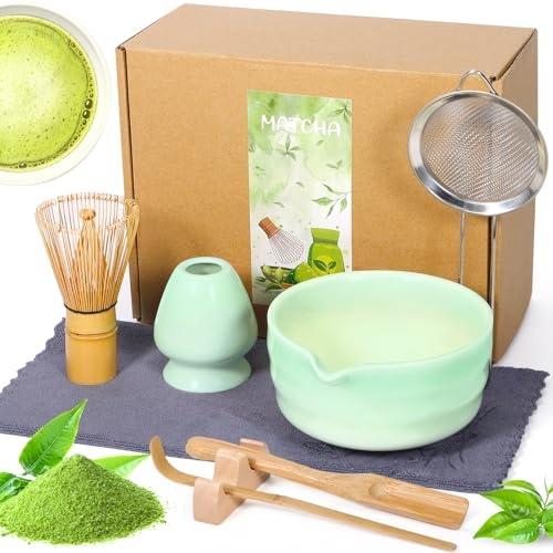 KDISHKRA Matcha Kit - Set Di 8 Pezzi, Matcha Tea Kit Con Matcha Bowl(Beccuccio), MatchaWhisk, Supporto Chasen, MatchaCucchiaino, Setaccio ecc, Japanese Tea Set - per Cerimonia del Tè (verde)