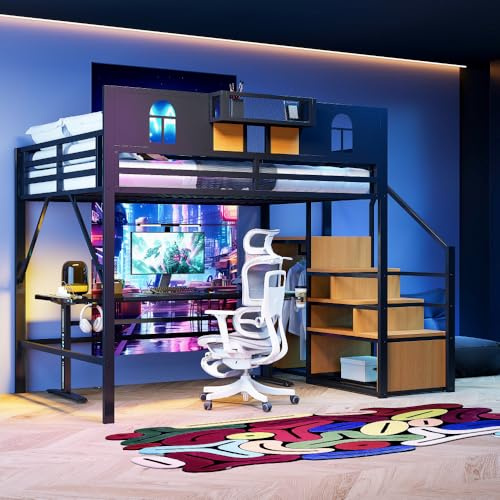 Lit mezzanine 1 place en fer 140x200cm,lit superposé adulte,lit mezzanine avec bureau,lit enfant avec rangement,enfant avec barriere,mezzanine escalier,espace de rangement près,blanc (Noir 140*200)