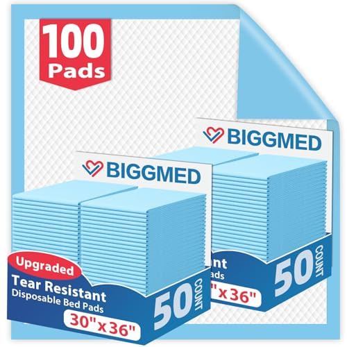 BIGGMED Tear-Resistant Disposable Bed Pads 30 x 36 100 Count Absorbent Underpads, Chux Thicker Extra Large Incontinence Bed Pads, Pee Pads for Adults, Kids, Elderly, Pets