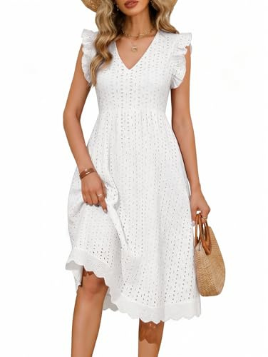 PASUDA Vestito Donna Estivo Abito Lungo Scollo a V Casual Vestiti Senza Maniche a Volant Abiti Lunghi Cotton Comodo Floreale Vuoto Jacquard Vestiti da Spiaggia con Tasche (Bianco, XL)