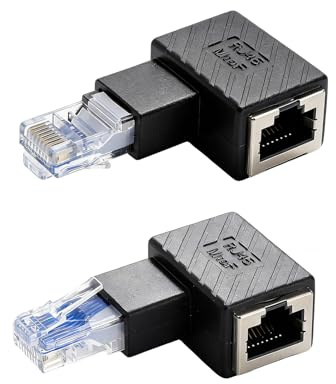 TNSLAND 2 stycken 90 graders RJ45-kontakter till honadapter – höger och vänster vinklad, platsbesparande för väggmontering, routrar och trånga utrymmen, CAT5 CAT6 Ethernet LAN-adapter