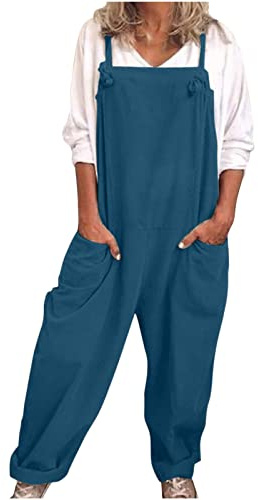 VPQILH Womens Cotton Linen Dungarees Ladies Sleeveless Jumpsuit Adjustable Straps Romper Solid Color Bib Overalls Loose Fit Bodysuit with Pockets Playsuit Summer Jumpsuits Size S-5XL Blue