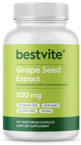 BESTVITE Grape Seed Extract 500mg (120 Vegetarian Capsules) - No Fillers - No Stearates - Vegan - Non GMO - Gluten Free - Standardized to 95% Total Polyphenols